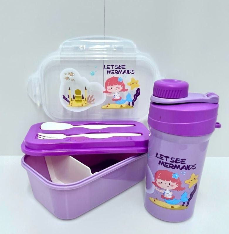 2-Section Lunch Box Set and Drink Bottle Free Spoon and Fork BPA free (9055-1LB)