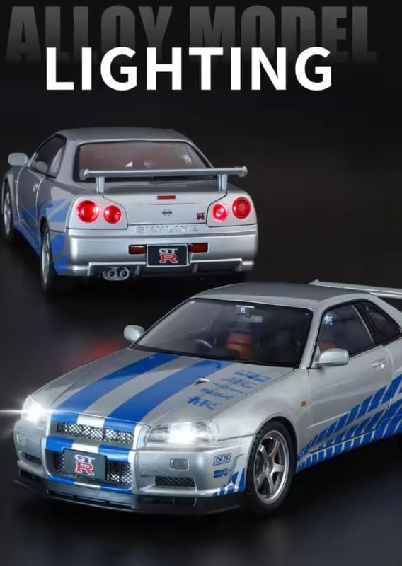 Big 1:18 Fast & Furious Car Nissan Skyline GTR R34 Paul Walker Famous Car In Diecast Official licence model car TM (1900-460)