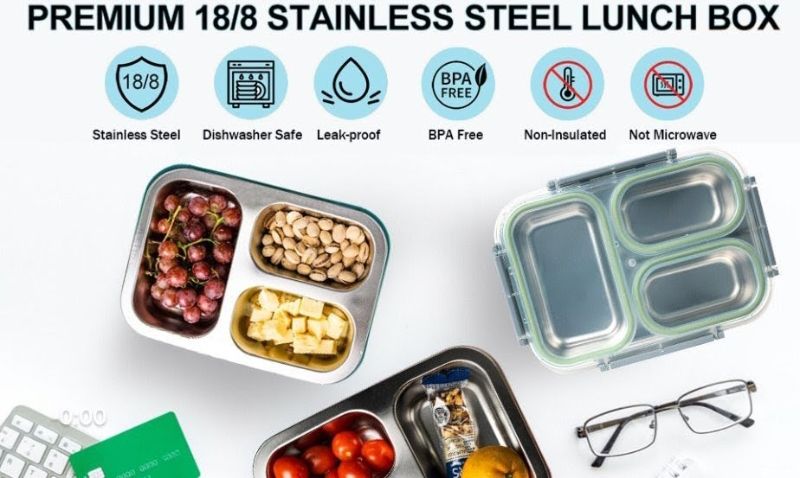 Stainless Steel Lunch Box with Divided Compartments, Meal Prep Containers Lunch Box With Steel Spoon for Adults & Kids, Leak & Spill Proof Snack Box with Utensils, BPA-Free & Dishwasher Safe (YS-102CG)