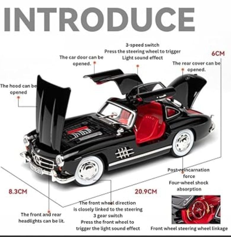 1:24 Vintage Toy Car 300 SL Classic Toy Cars for Kids Diecast Metal Car Light Sound Pullback Openable Door Cars TM