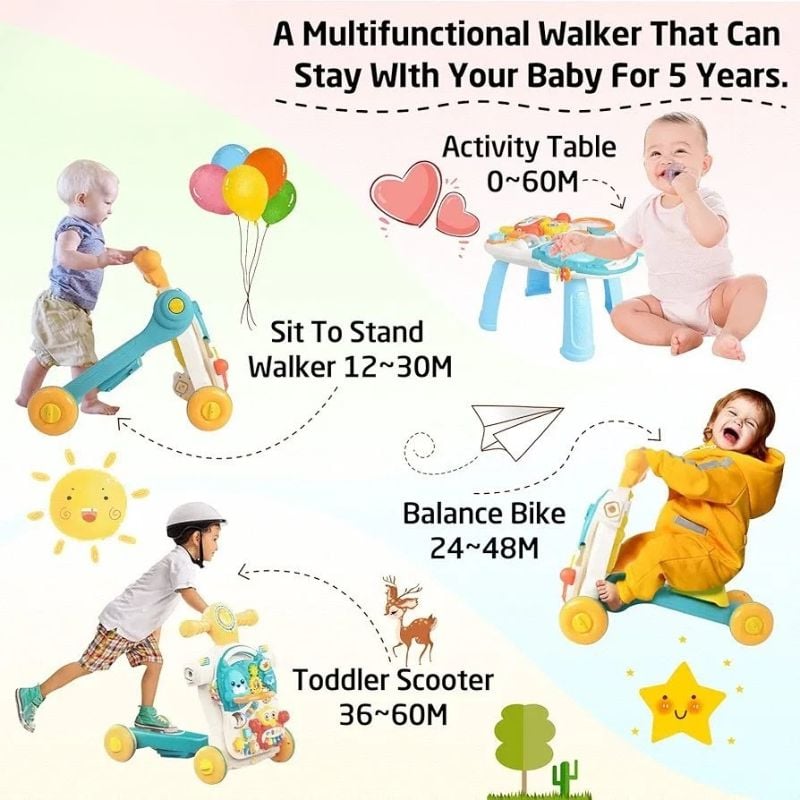 4in1 Sit-to-Stand Learning Walker & Kick & Play Piano Gym Mat Toy Baby Push Stroller with Musical Activity Center Floor Mat Early Educational Toy Gift for Boys Girls KT(HE0827)