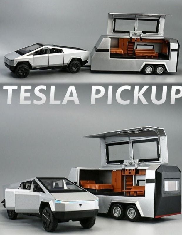 Tesla Cybertruck with a matching camper trailer 1:32 scale Die-cast (B3230)
