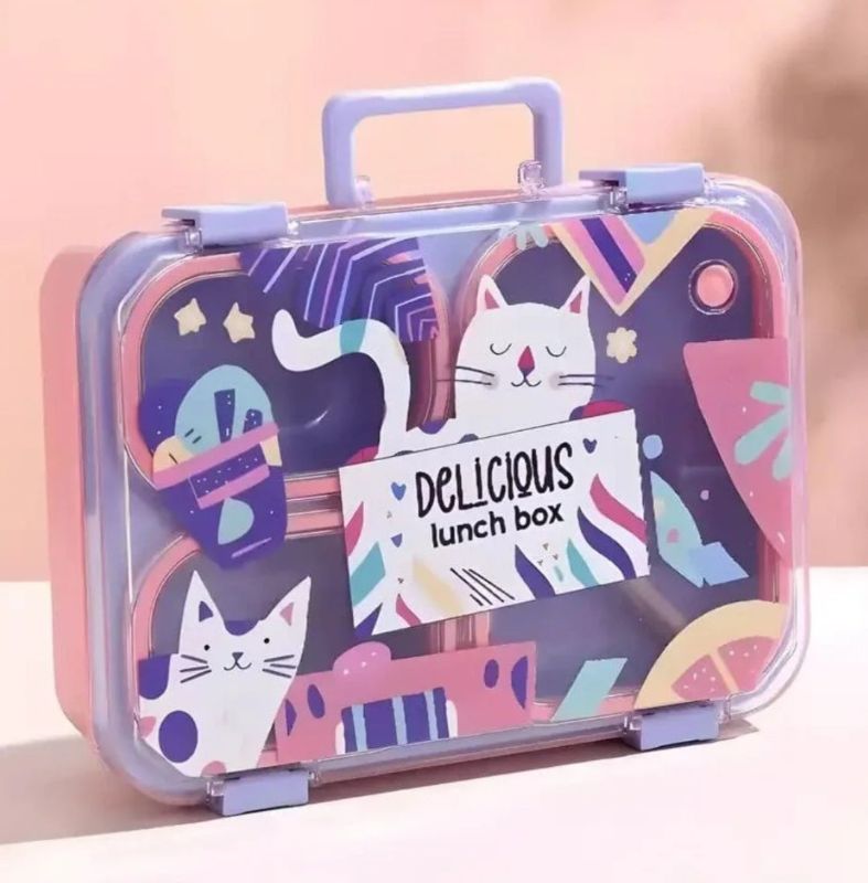 High Glossy Lunch Box food storage Uv printed premium 4 Compartment with handle carry (LX-7170)