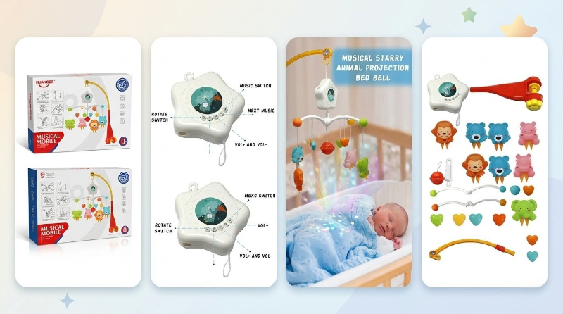 Musical Mobile Bed Bell Toy for Babies, Battery Operated Baby Hanging Toys Baby Crib Musical Cot Toy with Lights and Music, Star Projector KT(HE0307)