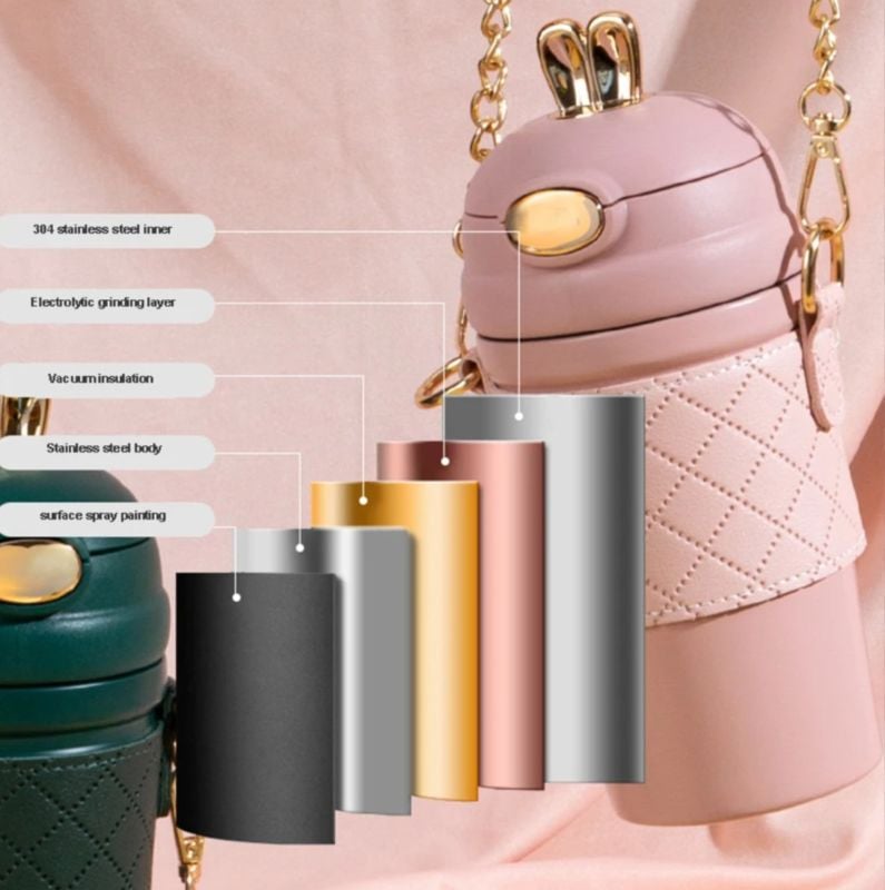 Premium quality Water Thermos, Travel mug With Long fancy Strip leather sleeve and Straw Leak-Proof lid Bunny Ear 480ml (383-14)