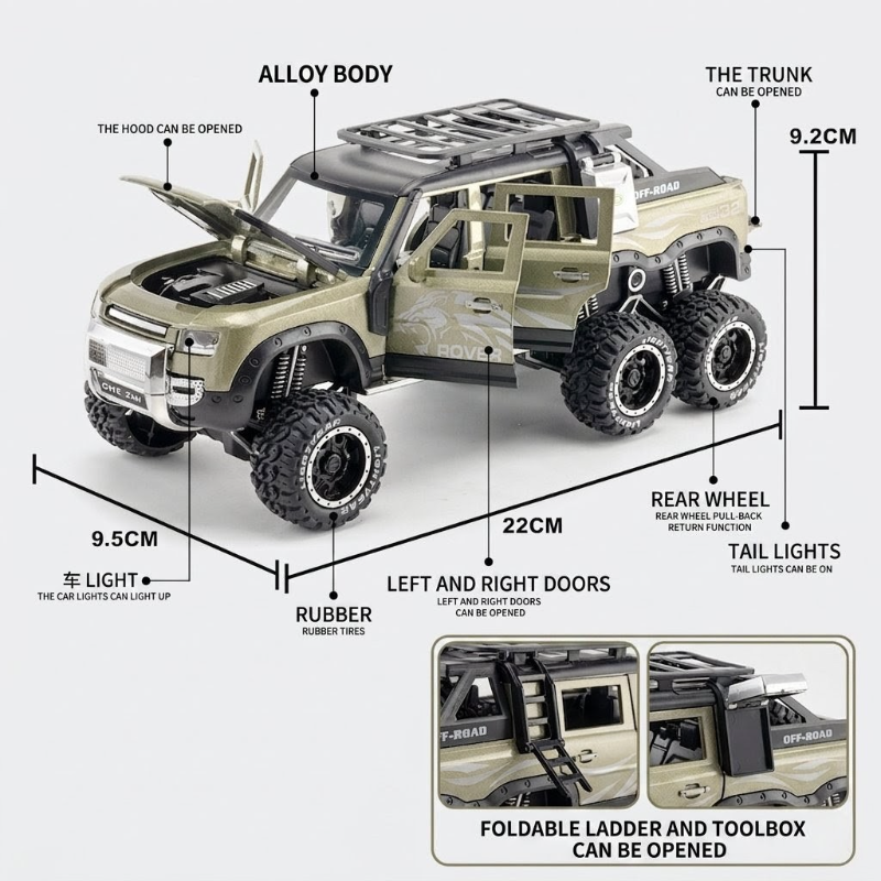Off Road Big 1:24 scale die-cast Land Rover Defender 6x6 Pickup truck in heavy weight metal sound light open all doors TM CZ135A