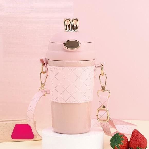 Premium quality Water Thermos, Travel mug With Long fancy Strip leather sleeve and Straw Leak-Proof lid Bunny Ear 480ml (383-14)
