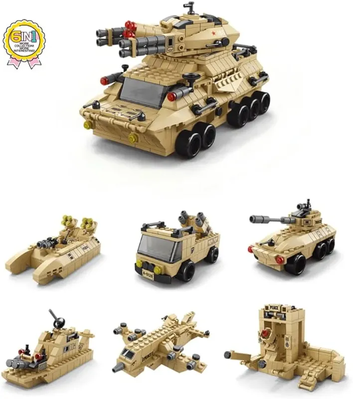 6-in-1 Military Tank Building Block Set Toys | STEAM Kit for Kids | Build Military Vehicles & Transporters (1000+ Pcs) | Birthday Gift for Boys & Girls KT (K8978-3)