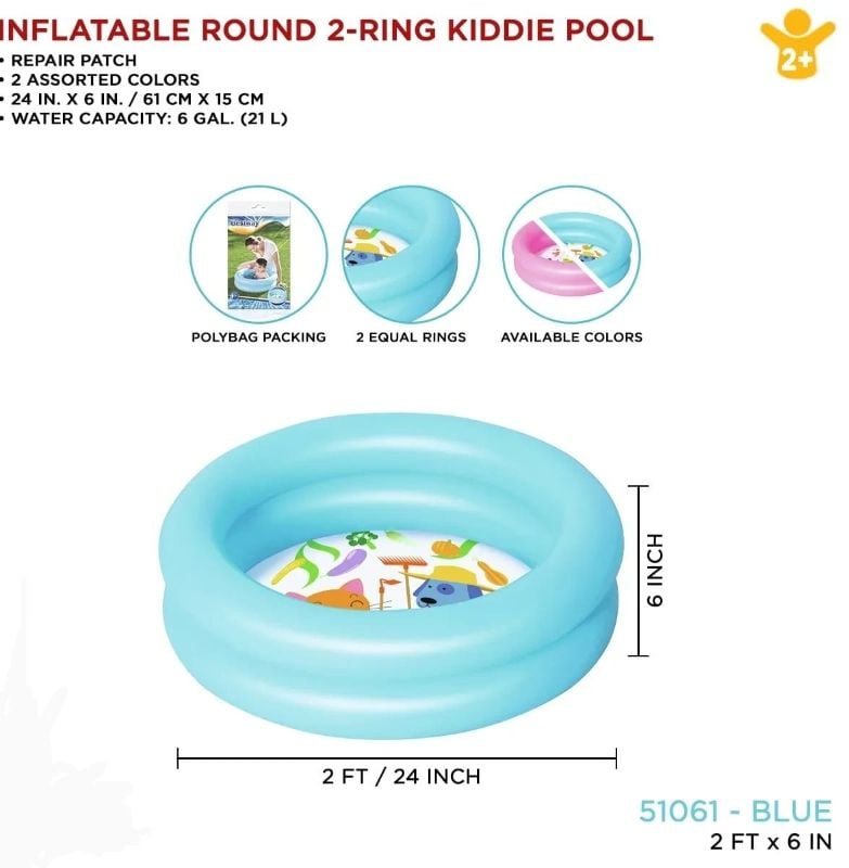 Inflatable 2 Ring Round Kiddie paddling pool 61x15 cm Bestway 0 to 2 year age Swimming pool TM(51061)