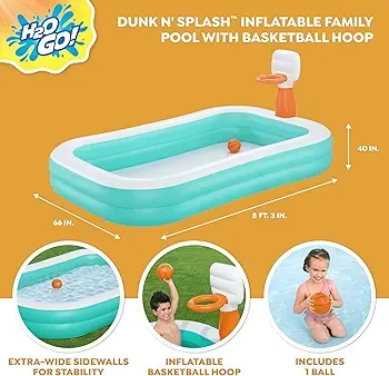 Bestway Dunk N' Splash - Inflatable Family Pool with Basketball Hoop For 4 Kids (8 ft 3 in x 66 in x 40 in, 9.03 lbs) TM (54445)