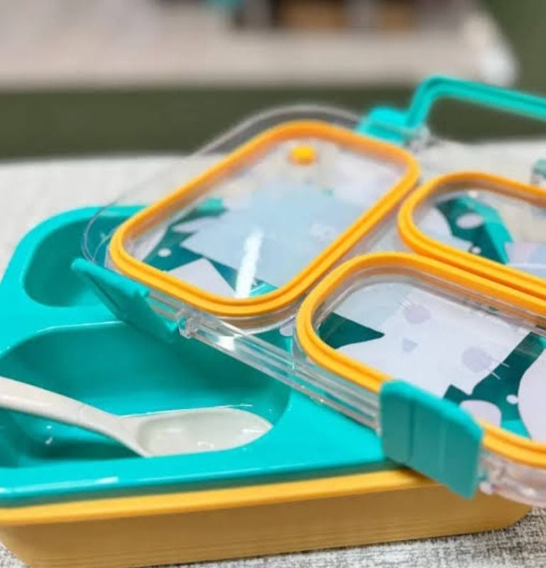 Meow Theme Uv Printed Lunch Box 3 compartment with carry handle High quality design (LX-7169)