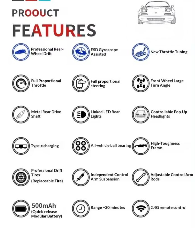 2.4G 1:18 scale Mazda MX-5 Miata RC Drift Car Real Drift 4WD Handling Gyro LED Headlight Funny Tongue  KT(1988)