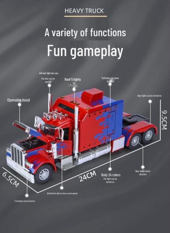 Optimus Prime truck Peterbilt 389 1:24 scale toy truck, walking tractor, die-cast alloy car model, sound and light, vehicle models, interior decoration present 389 KT (K179A20)