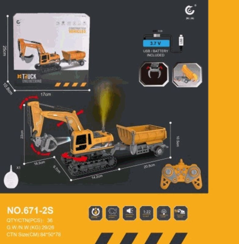 1:22 scale RC Excavator Models Toys Rechargeable Smoke with big trolley KT (671-2S)