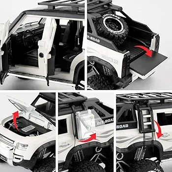 Off Road Big 1:24 scale die-cast Land Rover Defender 6x6 Pickup truck in heavy weight metal sound light open all doors TM CZ135A
