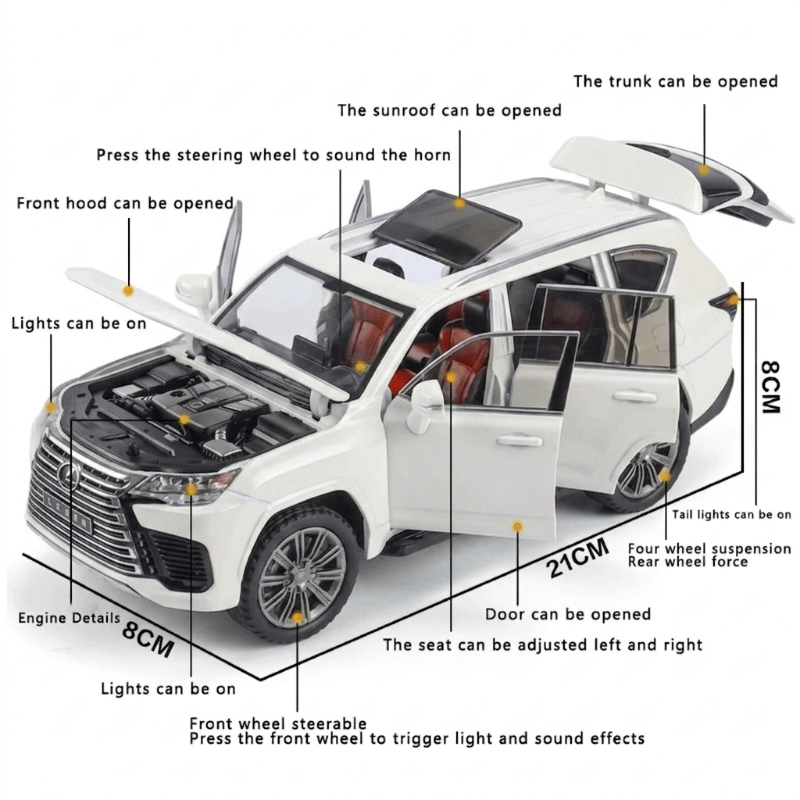 1:24 Toyota Lexus LX600 SUV Diecast model toy car in Black mirror openable doors KT(M345-1)