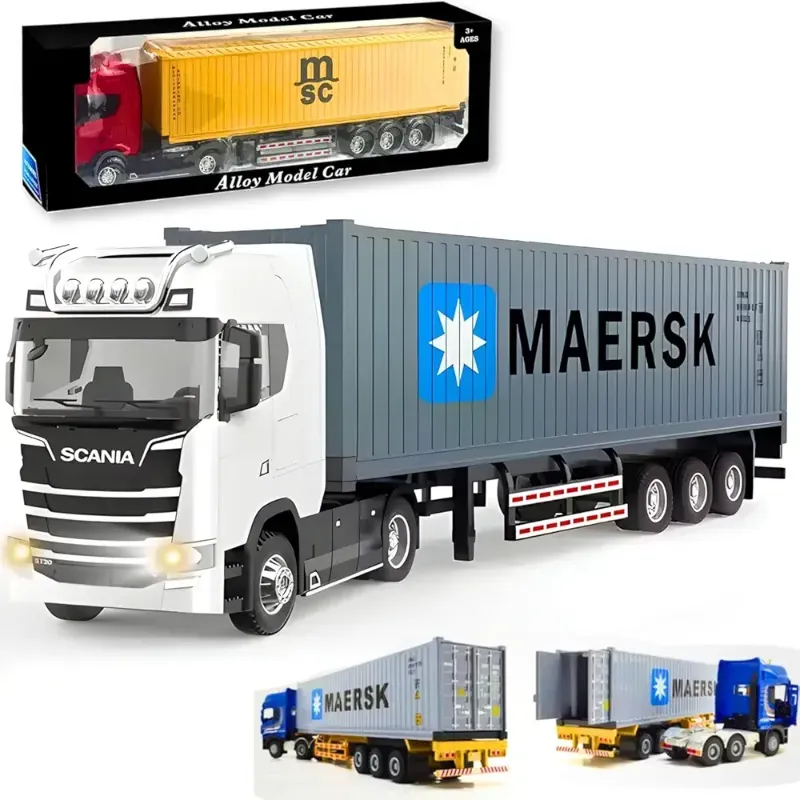 Container Truck 1:36 Scale Large Diecast Metal Alloy  Model Container Toy Realistic Details With Sounds Lights KT JG2605