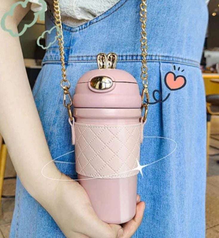 Premium quality Water Thermos, Travel mug With Long fancy Strip leather sleeve and Straw Leak-Proof lid Bunny Ear 480ml (383-14)