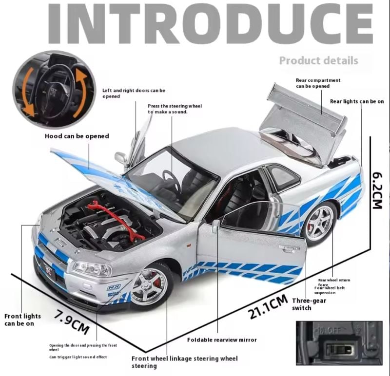 1:24 Legendary Fast and Furious Skyline GTR R34 iconic silver and blue Nissan Best For Car Lover
