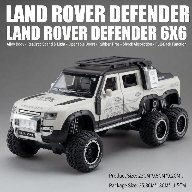Off Road Big 1:24 scale die-cast Land Rover Defender 6x6 Pickup truck in heavy weight metal sound light open all doors TM CZ135A