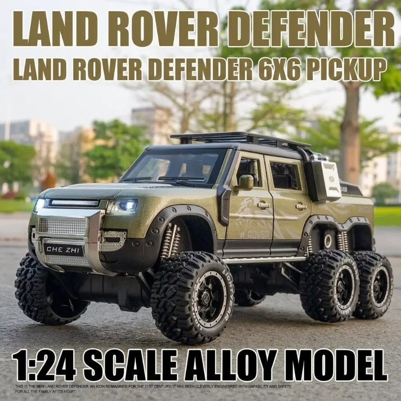 Off Road Big 1:24 scale die-cast Land Rover Defender 6x6 Pickup truck in heavy weight metal sound light open all doors TM CZ135A