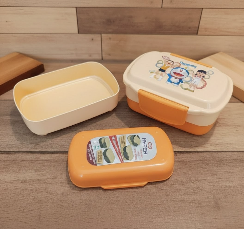 Lunch box Doraemon themed Bright Hyper space saving double compartment spoon unbreakable BPA Free