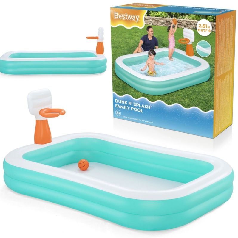 Bestway Dunk N' Splash - Inflatable Family Pool with Basketball Hoop For 4 Kids (8 ft 3 in x 66 in x 40 in, 9.03 lbs) TM (54445)