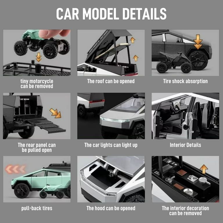 1:32 scale die-cast model of a Tesla cyberTruck with bike (J5SK32N-O)