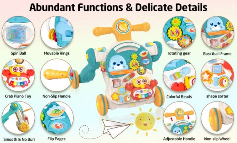 4in1 Sit-to-Stand Learning Walker & Kick & Play Piano Gym Mat Toy Baby Push Stroller with Musical Activity Center Floor Mat Early Educational Toy Gift for Boys Girls KT(HE0827)