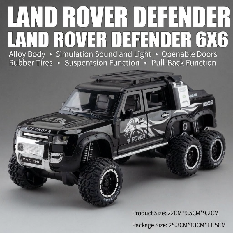 Off Road Big 1:24 scale die-cast Land Rover Defender 6x6 Pickup truck in heavy weight metal sound light open all doors TM CZ135A