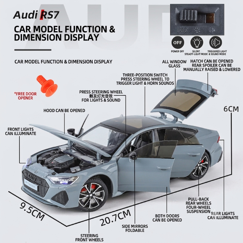 1:24 AUDI RS7 Sportback car model Flashing light Edition Diecast Premium metal quality Open Doors Sounds best collector and birthday car KT (H82092)
