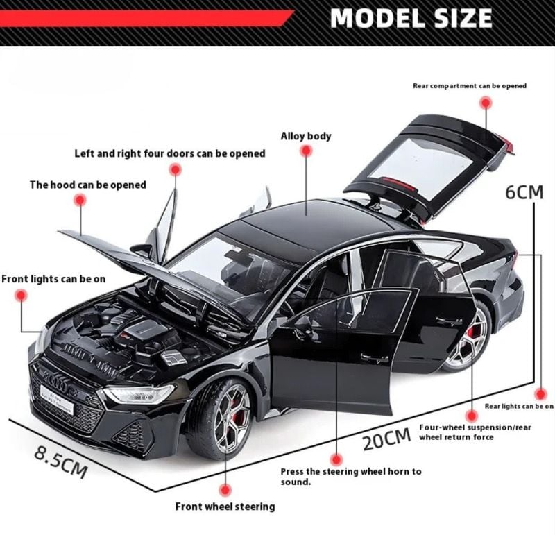 1:24 AUDI RS7 Sportback Black car model Flashing light Edition Diecast Premium metal quality Open Doors Sounds best collector and birthday car KT (H82092)
