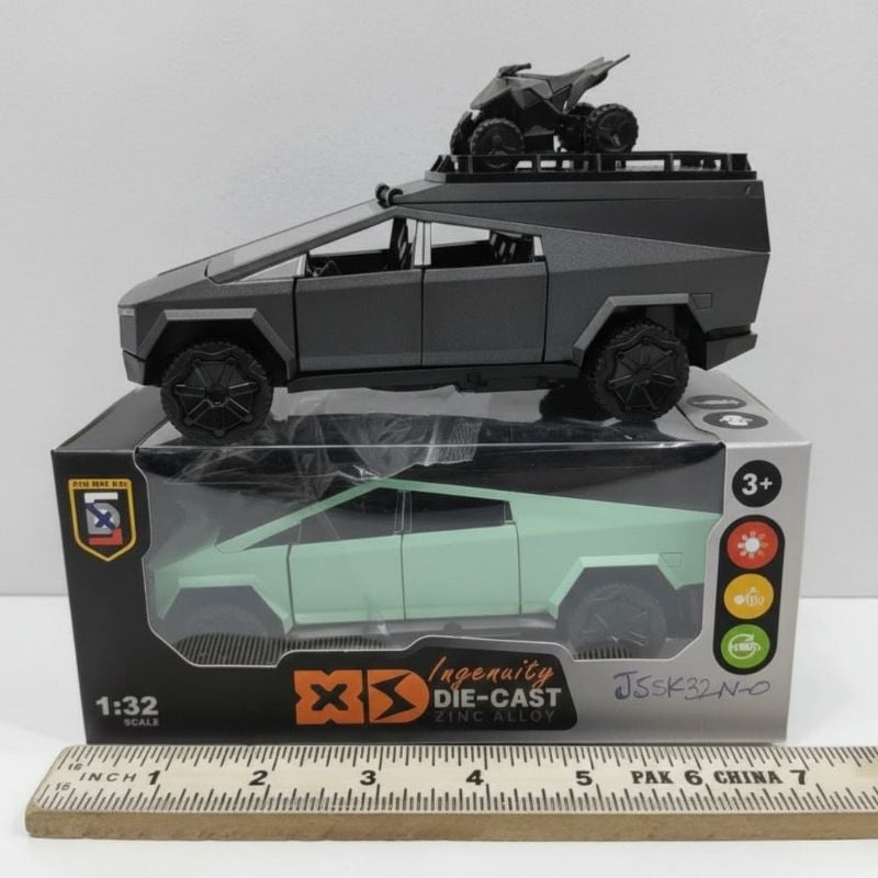 1:32 scale die-cast model of a Tesla cyberTruck with bike (J5SK32N-O)