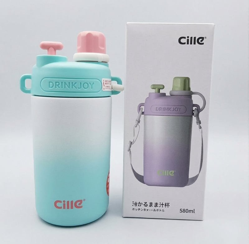 580ML Gradient Colour 316 grade stainless steel water bottle Double-wall vacuum insulation Water Bottle Pastel + Straw + Strap (XB-23114)