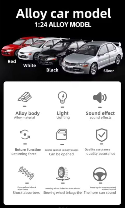 1:24 Mitsubishi Lancer Evolution EVO IX 9 Alloy Miniature Diecast Metal Model Car Scale Model Car Sound and Light Toy Car Vehicle KT (1901-620)
