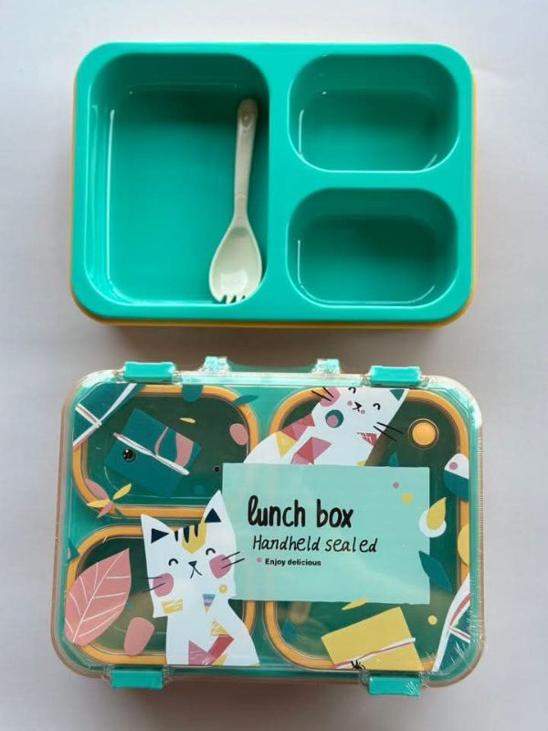 Meow Theme Uv Printed Lunch Box 3 compartment with carry handle High quality design (LX-7169)
