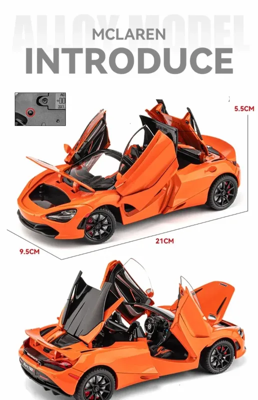 1:24 Scale Diecast McLaren 720s Alloy Car Model, Lights Up, Sounds, Open all sides, foldable mirror TM (CZ153AD)