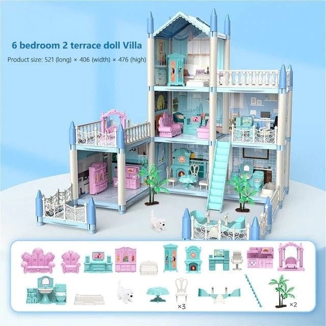 Big Doll House DIY 6 Stories 2 Terrace With Accessories for kids girls best gift set (862-06)