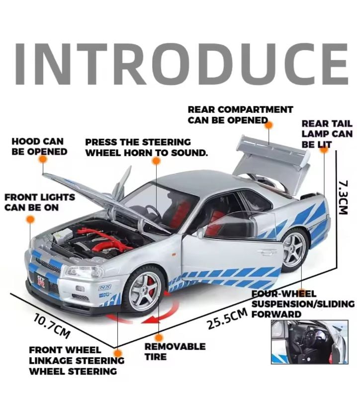 Big 1:18 Fast & Furious Car Nissan Skyline GTR R34 Paul Walker Famous Car In Diecast Official licence model car TM (1900-460)