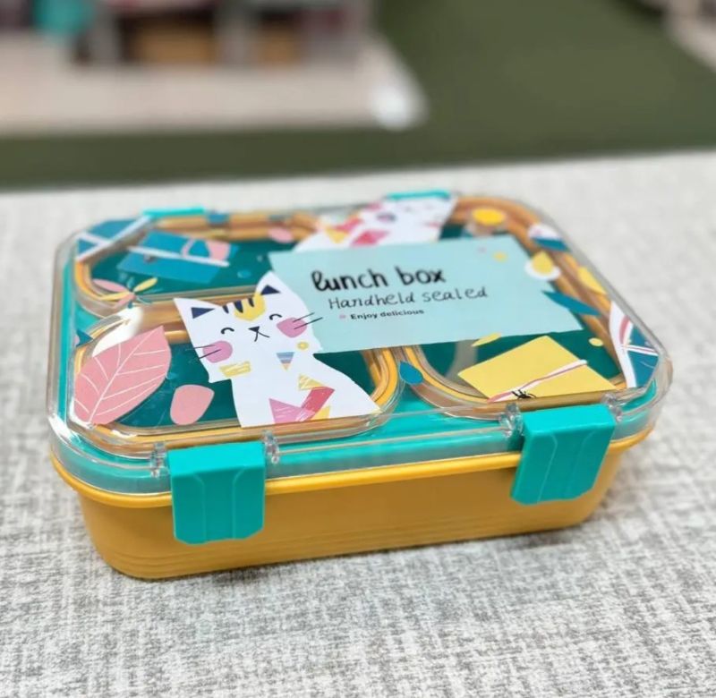 Meow Theme Uv Printed Lunch Box 3 compartment with carry handle High quality design (LX-7169)