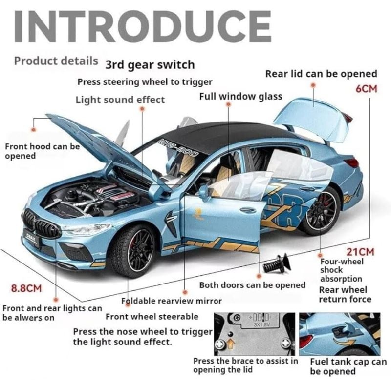 1:24 Scale BMW M8 Diecast Metal Model car Sound light Open all sides (CZ167)