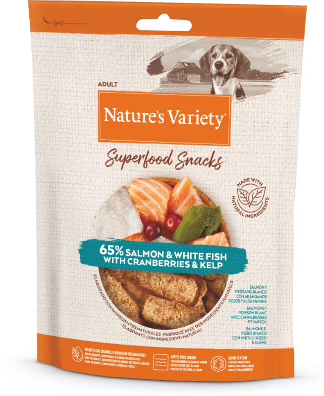 Superfood Snacks ALL SIZES LAŠIŠA, BALTA ŽUVIS IR SPANGUOLĖS SU RUSVAISIAIS DUMBLIAIS         85g