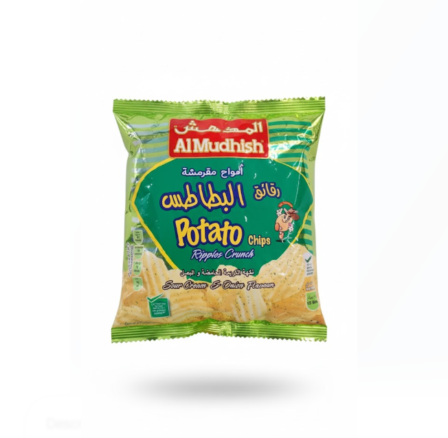 Al Mudhish Potato Chips Ripples Crunch Sour Cream & Onion Flavour 15 g
 أل مدّيش شرائح البطاطس المموجة المقرمشة بنكهة القشدة الحامضة والبصل 15 جم