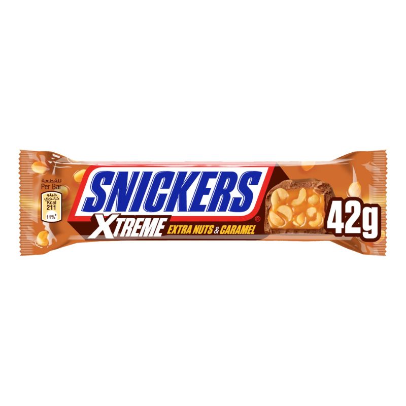 Snickers Xtreme Extra Nuts & Caramel Chocolate Bar 42g – سنيكرز Xtreme Extra مكسرات & كراميل شوكولاتة قطعة 42 غرام
