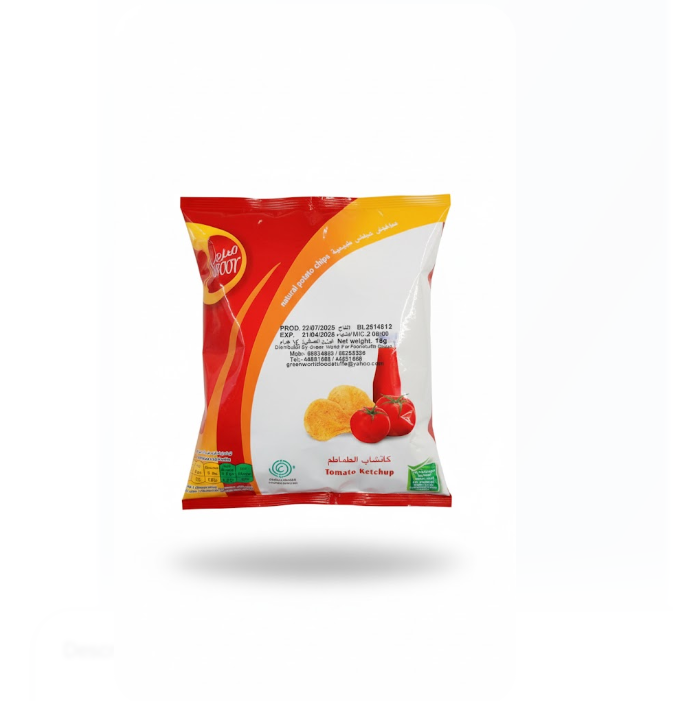 Suroor Natural Potato Chips Tomato Ketchup 14 g
 سرور شرائح البطاطس الطبيعية بنكهة الكاتشب 14 جم