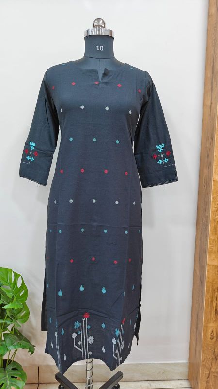 Anvita Black Cotton Kurti with Embroidery
