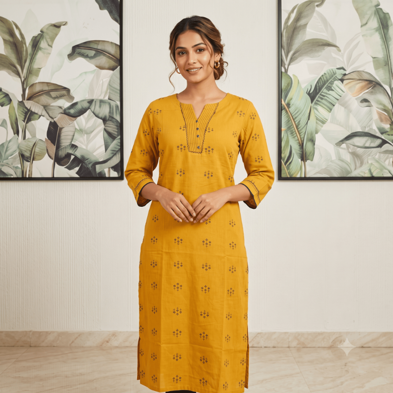Anvita Mustard Yellow Printed Cotton Kurti / Long Top