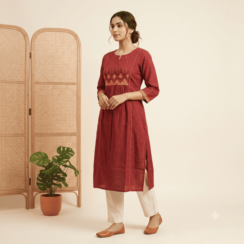 Anvita brand Rust Red Yoke-Embroidered Gathered Kurti