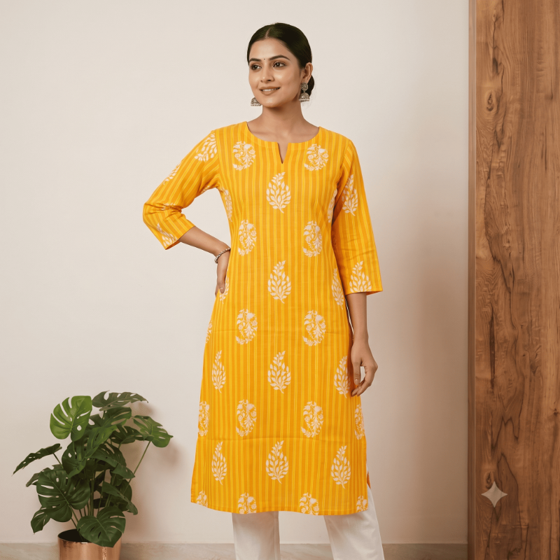 Anvita Bright Yellow Floral Block-Printed Kurti