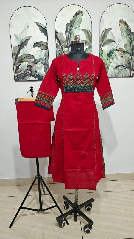 Anvita Crimson Red Zig-Zag Yoke Kurta Set